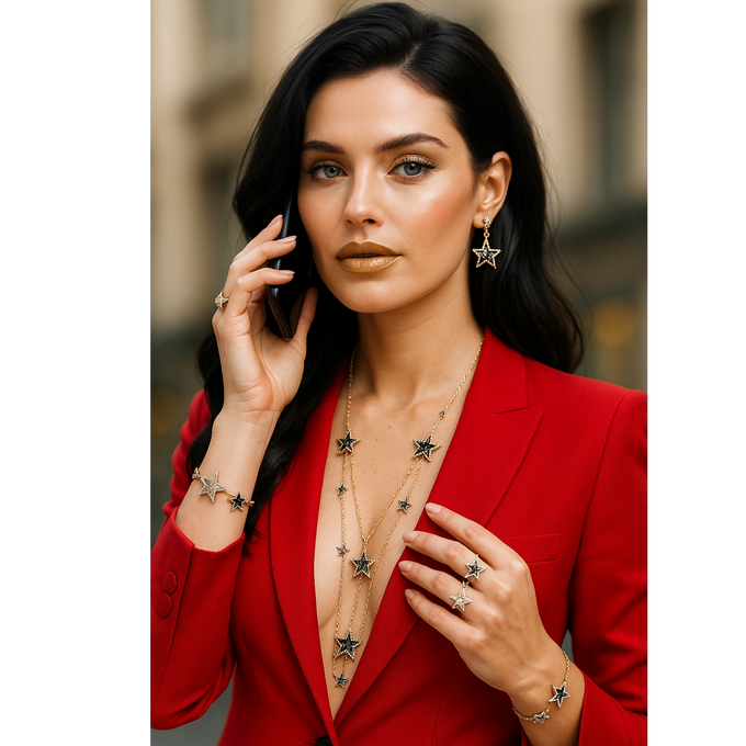 Modern woman wearing layered gold star necklace, bold statement jewelry, luxury necklace styling, confident feminine fashion look
