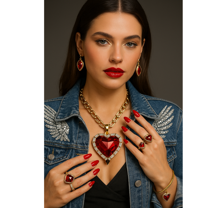 Woman wearing bold red statement earrings with gold details, modern luxury jewelry, confident feminine fashion look