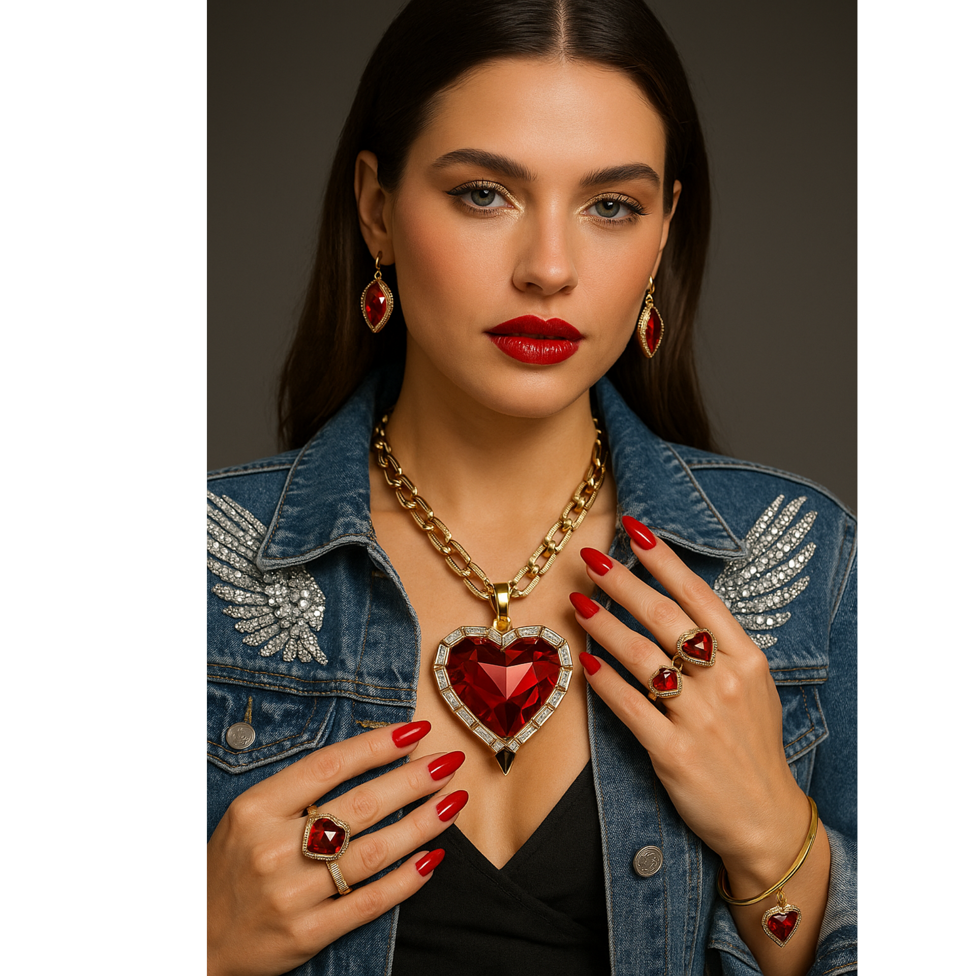 Woman wearing bold red statement earrings with gold details, modern luxury jewelry, confident feminine fashion look