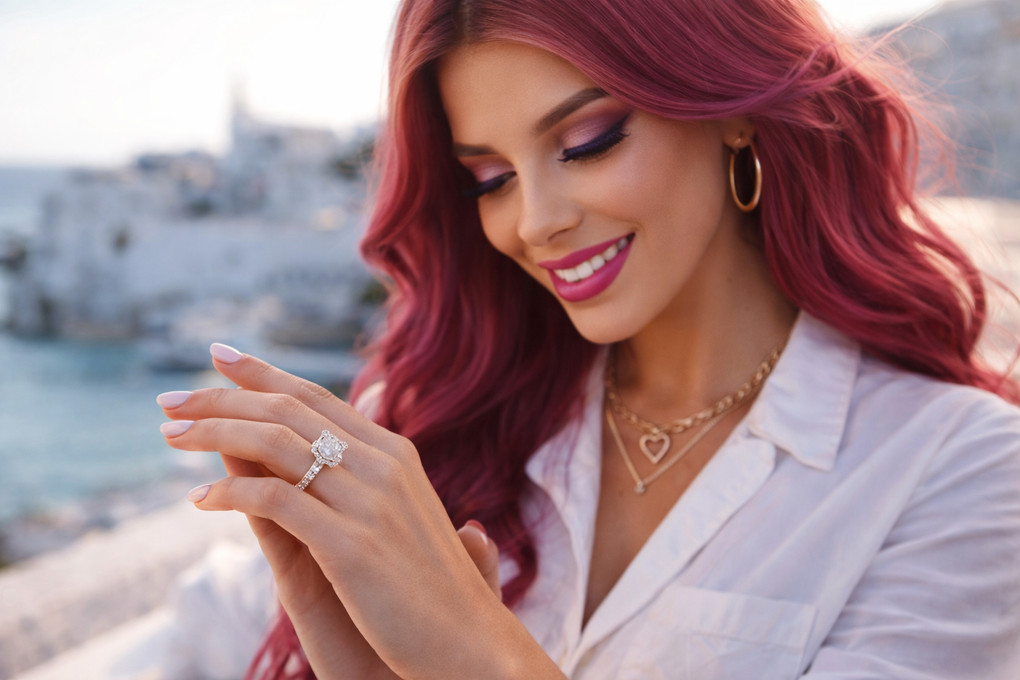 Luxury cushion cut diamond engagement ring on woman hand symbolizing self love and personal empowerment