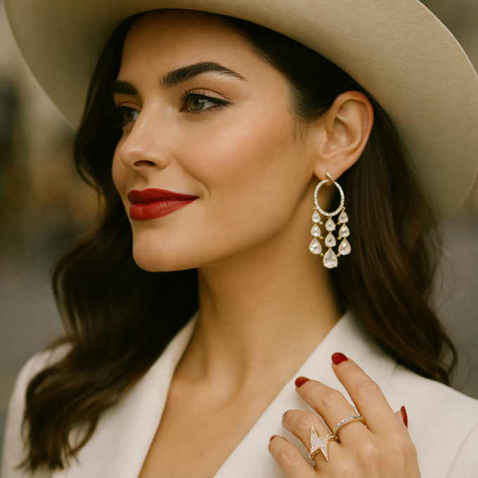 A luxury jewelry set featuring a bold lightning design symbolizing energy, strength, and power. The set includes a gold necklace, bracelet, and ring with diamond details, styled for modern women who embrace confidence and elegance.
