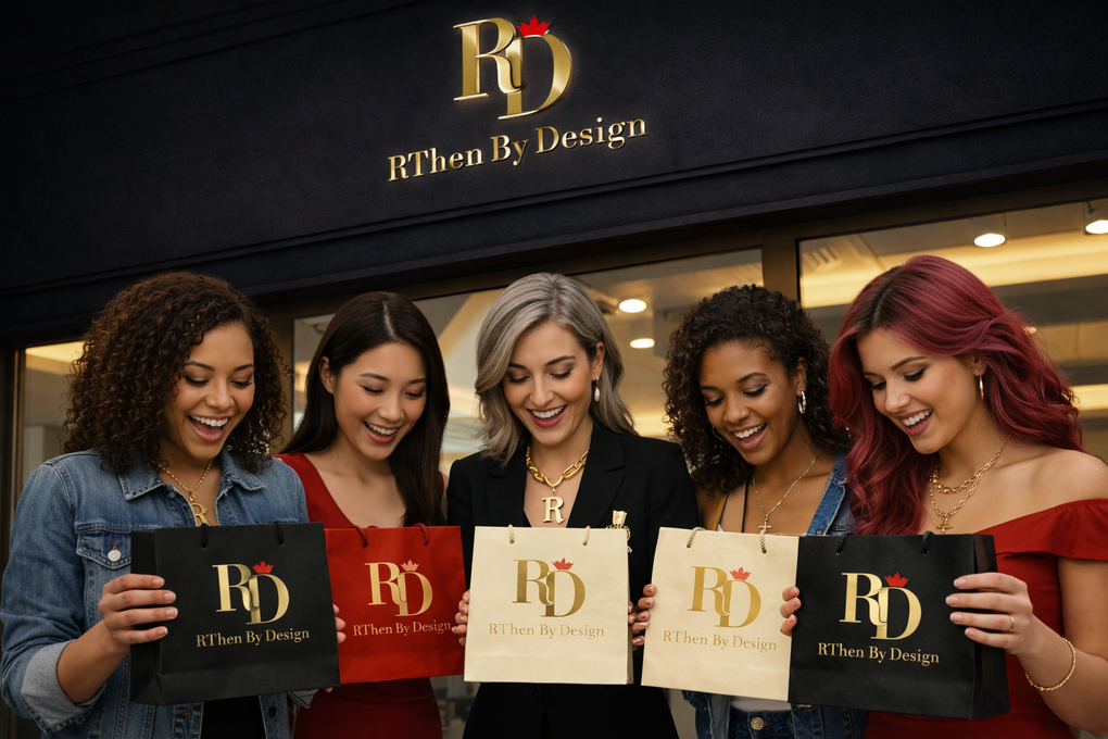 Five women outside RThen By Design holding luxury branded shopping bags, elegant jewelry gift collection, stylish gifting moment